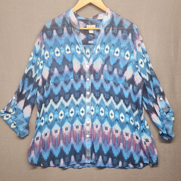 Chicos Blouse Womens 3 XL Blue Ikat Print Sheer Button Up Roll Tab Sleeve Top - Picture 1 of 12